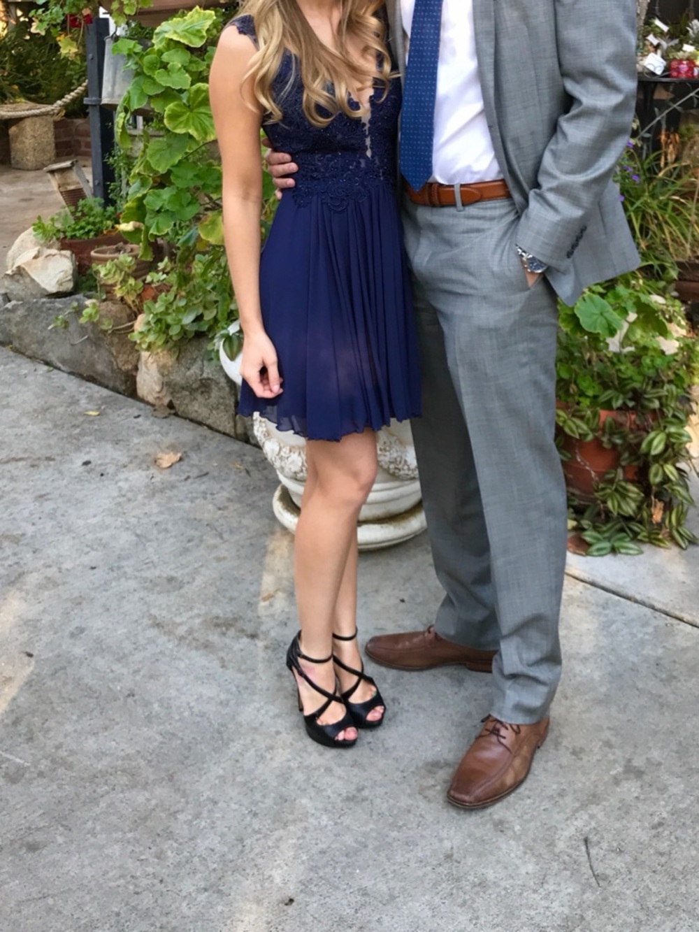 Sherri Hill Navy Beaded Lace Backless V-Neck Dress